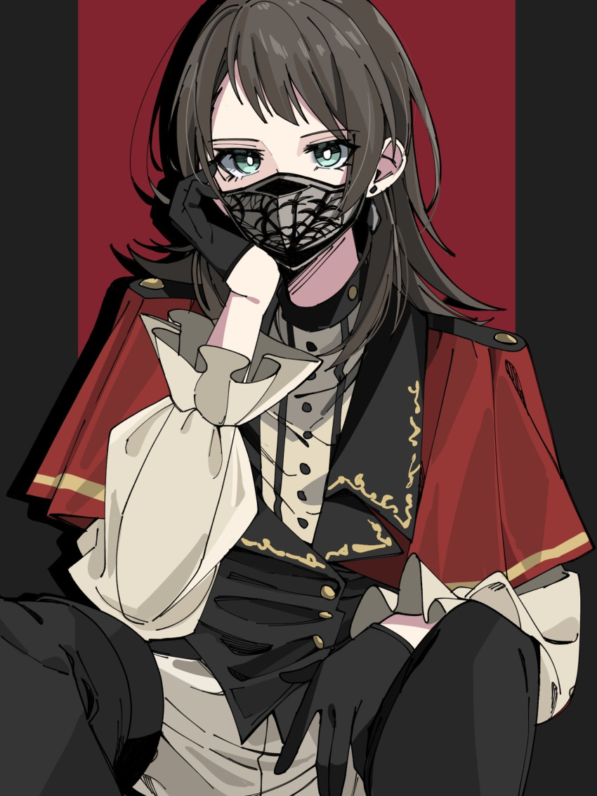 1girl bang_dream! bang_dream!_it's_mygo!!!!! black_background black_footwear black_gloves black_hair black_mask black_vest boots commentary earrings gloves green_eyes half_gloves head_rest highres jewelry long_sleeves looking_at_viewer mask medium_hair mouth_mask nanami_(nunnun_0410) pants red_background sitting solo stud_earrings thigh_boots two-tone_background vest white_pants yahata_umiri