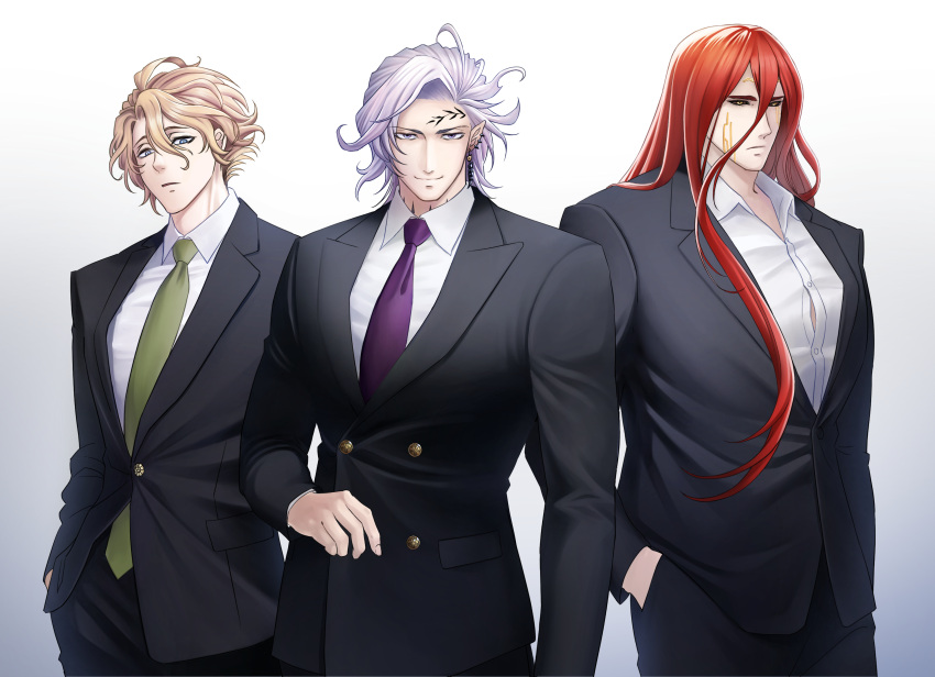 3boys absurdres black_sclera blonde_hair blue_eyes collared_jacket collared_shirt colored_sclera earrings facial_tattoo forehead_tattoo gradient_background green_necktie hades_(shuumatsu_no_valkyrie) hair_between_eyes hand_in_pocket highres jacket jewelry leaf_tattoo long_hair looking_at_viewer male_focus multiple_boys necktie parted_lips pointy_ears poseidon_(shuumatsu_no_valkyrie) purple_necktie redhead shirt shuumatsu_no_valkyrie single_earring smile suit tattoo thor_(shuumatsu_no_valkyrie) user_pvsr8733 violet_eyes white_hair white_shirt yellow_eyes