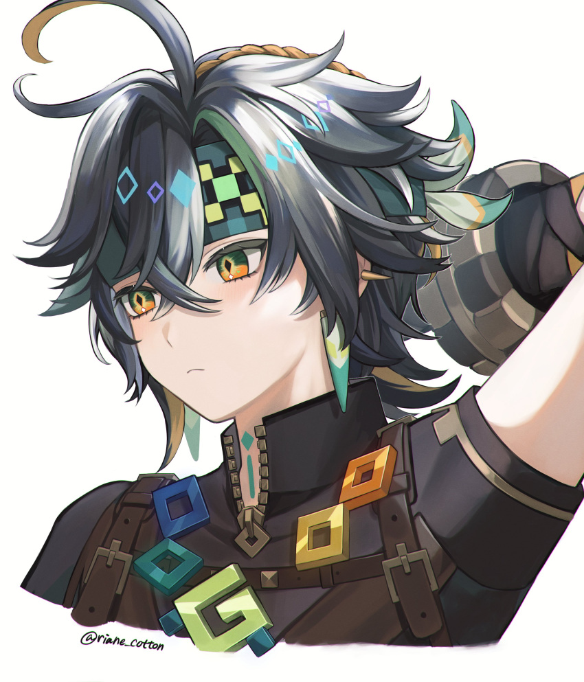 Safebooru - 1boy absurdres ahoge arm behind head black gloves black hair  black skirt earrings genshin impact gloves green eyes hand up headband  highres jewelry kinich (genshin impact) male focus riane cotton