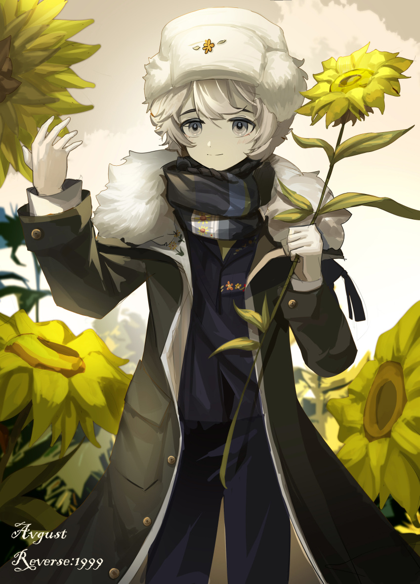 1boy absurdres avgust_(reverse:1999) bad_hands birchboat black_coat black_scarf character_name clouds coat copyright_name flower fur_trim grey_eyes grey_hair hand_up highres holding holding_flower long_sleeves male_focus outdoors reverse:1999 scarf standing sunflower white_hat yellow_flower