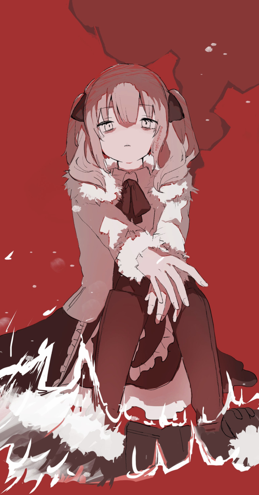 1girl absurdres ada_(iyowa) adipocere_(vocaloid) artist_name bags_under_eyes between_legs coat collared_coat empty_eyes expressionless frilled_skirt frills fur-trimmed_coat fur-trimmed_sleeves fur_trim hair_ribbon hand_between_legs highres iyowa_girls jitome looking_at_viewer momonoke_jikiba neckerchief parted_lips red_background red_neckerchief red_ribbon red_skirt red_theme ribbon signature sitting skirt solo twintails vocaloid white_coat