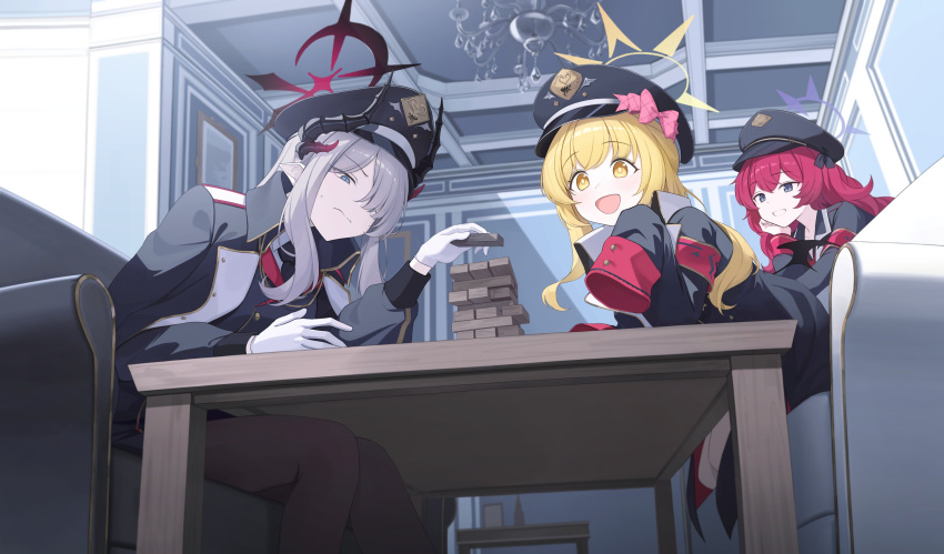 3girls absurdres black_coat black_hat black_horns black_pantyhose black_wings blonde_hair blue_archive blue_eyes blush closed_mouth coat demon_horns demon_wings g_home gloves grey_eyes grey_hair grin halo hat highres horns ibuki_(blue_archive) indoors iroha_(blue_archive) jenga long_hair long_sleeves makoto_(blue_archive) multiple_girls multiple_horns open_mouth pantyhose peaked_cap purple_halo red_halo redhead sitting sleeves_past_fingers sleeves_past_wrists smile table white_gloves wings yellow_eyes yellow_halo
