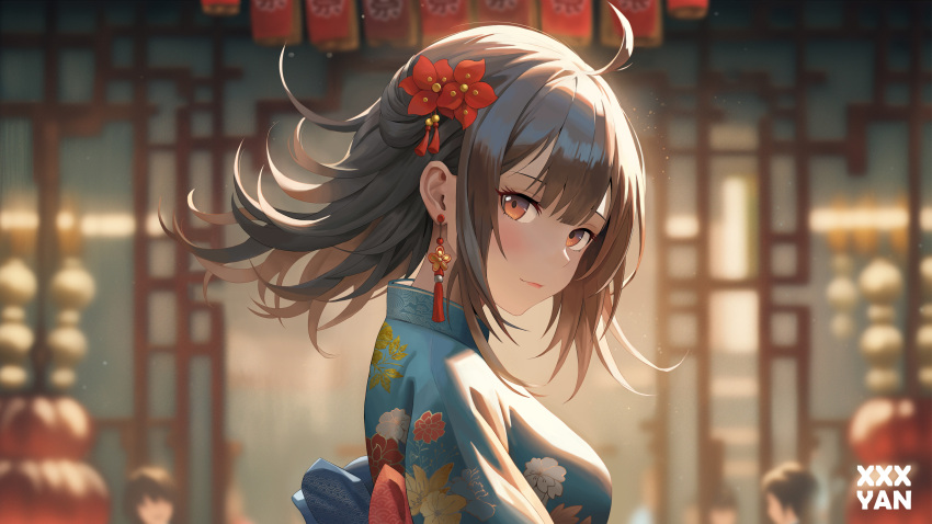 3girls absurdres ahoge artist_name black_hair blue_kimono blue_sash blunt_bangs blurry blurry_background blush breasts character_request check_character chinese_commentary closed_mouth commentary_request earrings floral_print floral_print_kimono flower hair_between_eyes hair_flower hair_ornament highres indoors japanese_clothes jewelry kimono light_smile lips looking_at_viewer medium_hair multiple_girls obi orange_eyes original print_kimono red_flower red_sash sash solo_focus tassel tassel_earrings xxxyan