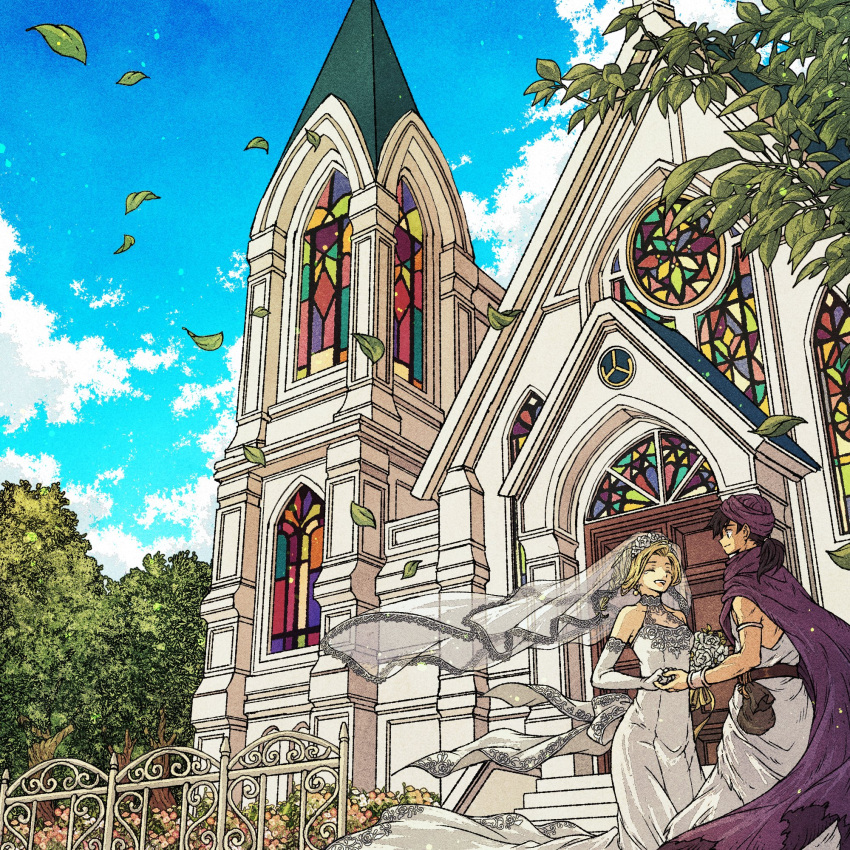 1boy 1girl armlet bare_shoulders belt belt_bag bianca_(dq5) black_hair blonde_hair blue_sky bouquet bracelet bridal_veil cape church cloak closed_eyes closed_mouth clouds cloudy_sky commentary couple day dragon_quest dragon_quest_v dress earrings elbow_gloves falling_leaves feet_out_of_frame gloves hero_(dq5) highres holding holding_bouquet holding_hands husband_and_wife jewelry leaf long_dress long_hair looking_at_another low_ponytail open_mouth outdoors purple_cape purple_cloak purple_turban scenery sky smile stained_glass toriga tree turban veil wedding_dress white_dress white_gloves white_tunic