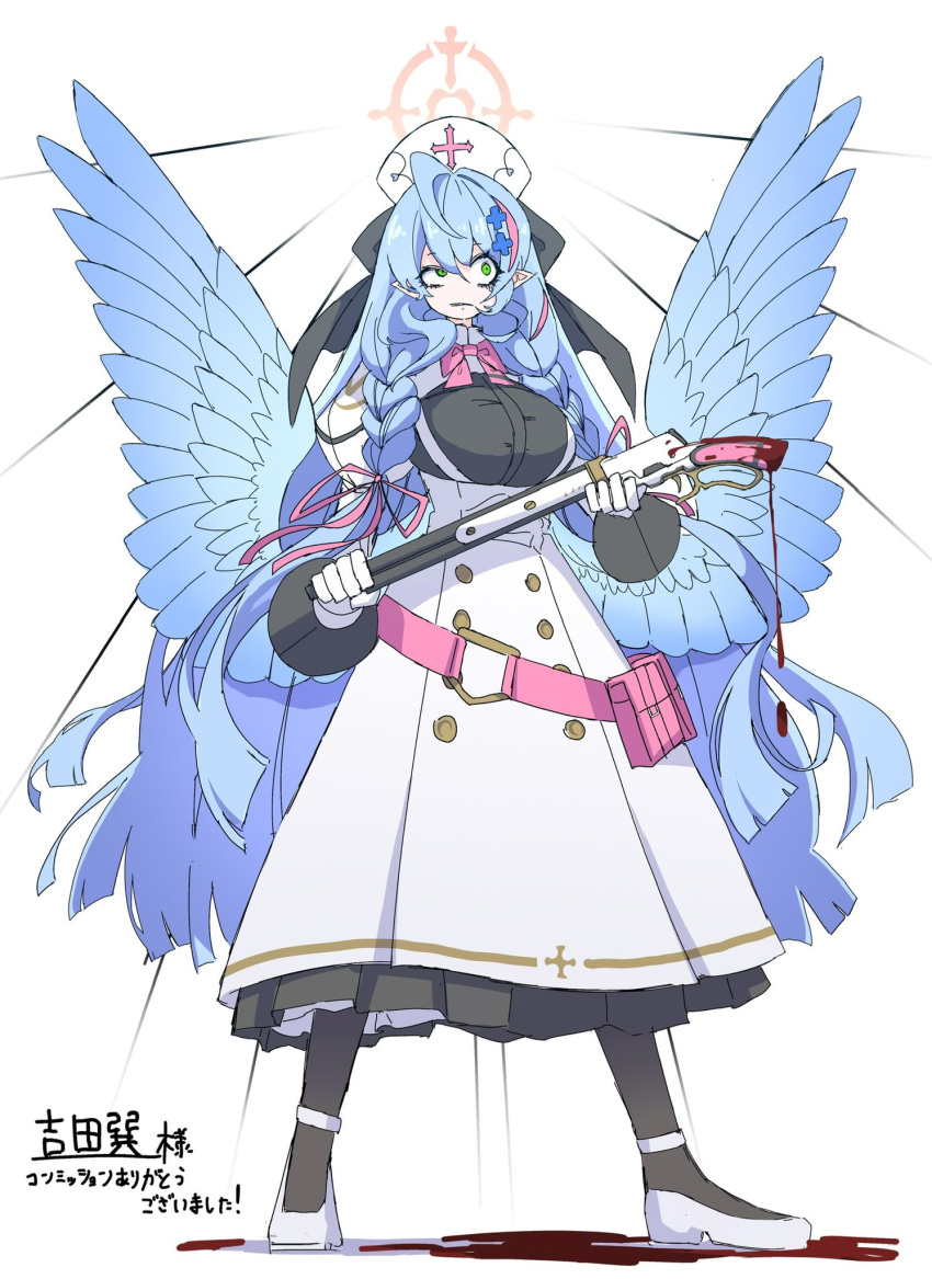1girl angel_wings belt belt_pouch black_ribbon blood blood_drip blood_on_weapon blue_archive blue_hair blue_wings bow bowtie braid breasts buttons commentary_request dr_yamero dress full_body gloves gown green_eyes gun hair_ribbon halo hat highres holding holding_gun holding_weapon juliet_sleeves large_breasts light_blue_hair long_sleeves mine_(blue_archive) nurse_cap pink_belt pink_bow pink_bowtie pointy_ears pouch puffy_sleeves ribbon shotgun solo translation_request twin_braids weapon white_background white_dress white_gloves white_headwear winchester_model_1887 wings