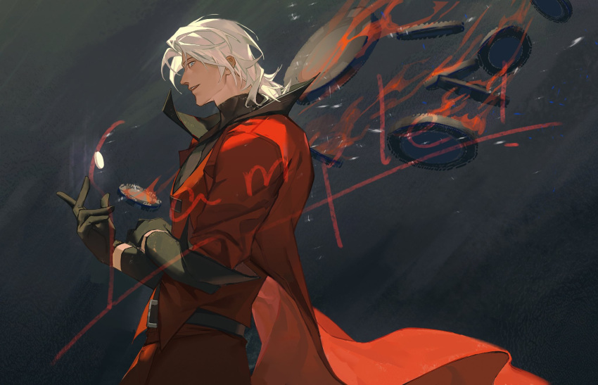 1boy black_gloves blue_eyes closed_mouth coat dante_(devil_may_cry) devil_may_cry_(series) devil_may_cry_1 from_side gloves highres jing84672940 looking_at_viewer male_focus red_coat smile solo white_hair