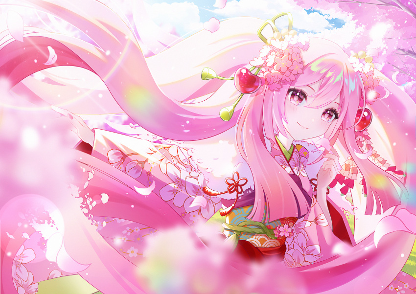 1girl absurdres ava_illust blurry blurry_foreground cherry_blossoms cherry_hair_ornament closed_mouth clouds cloudy_sky day floating_hair floral_print flower food-themed_hair_ornament hair_between_eyes hair_flower hair_ornament hatsune_miku highres japanese_clothes kimono lens_flare long_hair long_sleeves looking_at_viewer nail_polish obi outdoors pink_eyes pink_hair pink_kimono pink_nails pink_theme sakura_miku sash sidelocks sky smile solo sunlight very_long_hair vocaloid wide_sleeves