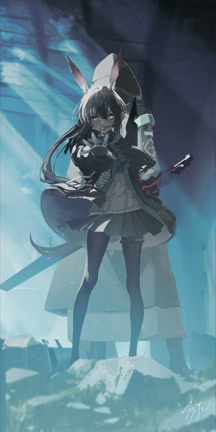 1girl 1other absurdres ambiguous_gender amiya_(arknights) animal_ears arknights back-to-back black_coat black_gloves black_jacket black_pantyhose black_skirt boots coat doctor_(arknights) fingerless_gloves full_body gloves grass highres holding holding_weapon hood hood_up jacket light_rays long_hair long_sleeves looking_at_viewer open_hand pantyhose pleated_skirt rabbit_ears rabbit_girl reaching reaching_towards_viewer rock shinogo_yuu shirt signature skirt standing thigh_strap weapon white_eyes