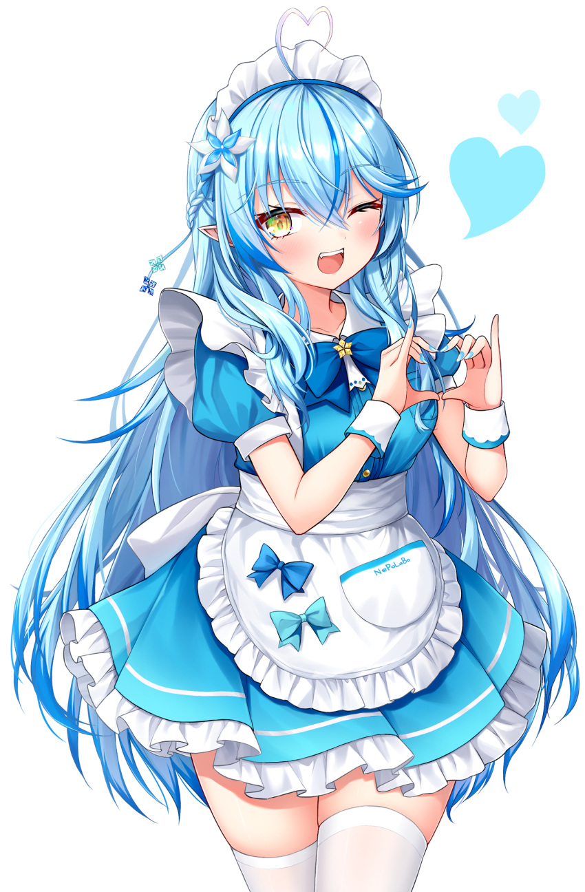 1girl ;d ahoge alternate_costume apron aqua_nails back_bow blue_bow blue_bowtie blue_dress blue_hair bow bowtie braid brooch collarbone collared_shirt crossed_bangs crossed_legs dress fangs flower frilled_apron frilled_dress frills hair_between_eyes hair_flower hair_ornament hair_over_shoulder hands_up heart heart_hands highres hololive hoshino_reiji jewelry light_blush long_hair looking_at_viewer maid maid_apron maid_headdress multicolored_hair one_eye_closed open_mouth pleated_dress pointy_ears puffy_short_sleeves puffy_sleeves shirt short_sleeves sidelocks simple_background smile snowflake_hair_ornament standing streaked_hair teeth thigh-highs upper_teeth_only very_long_hair virtual_youtuber white_apron white_background white_bow white_shirt white_thighhighs wrist_cuffs yellow_eyes yukihana_lamy