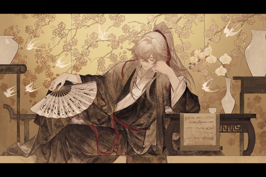 1boy absurdres bird bird_on_leg bishounen black_kimono black_shawl blonde_hair calendulamew cherry_blossoms chinese_commentary choko_(cup) closed_eyes closed_mouth commentary_request cup dove elbow_on_table eurasian_tree_sparrow eyelashes feet_out_of_frame flower_request folding_fan hair_ribbon hand_fan hand_on_own_chest high_ponytail highres holding holding_fan honkai:_star_rail honkai_(series) japanese_clothes jing_yuan kimono leg_up letterboxed long_hair long_sleeves male_focus red_ribbon ribbon scroll shawl shouji sitting sliding_doors solo sparrow vase waist_ribbon white_footwear wide_sleeves