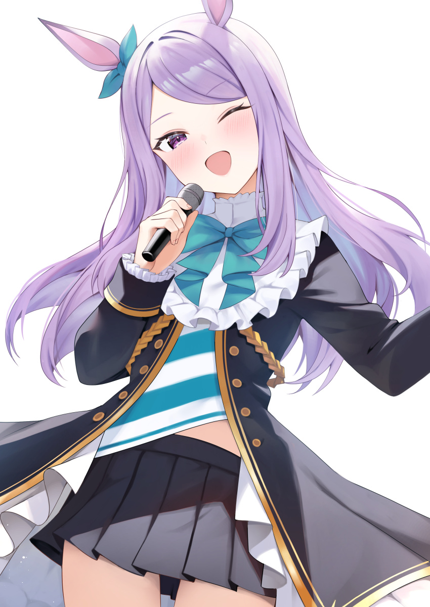 1girl ;d absurdres animal_ears aqua_bow aqua_bowtie black_skirt blush bow bowtie ear_bow highres holding holding_microphone horse_ears horse_girl horse_tail long_hair long_sleeves looking_at_viewer mejiro_mcqueen_(umamusume) microphone one_eye_closed open_mouth pleated_skirt purple_hair rei_(ilust9999) revision skirt smile tail umamusume violet_eyes