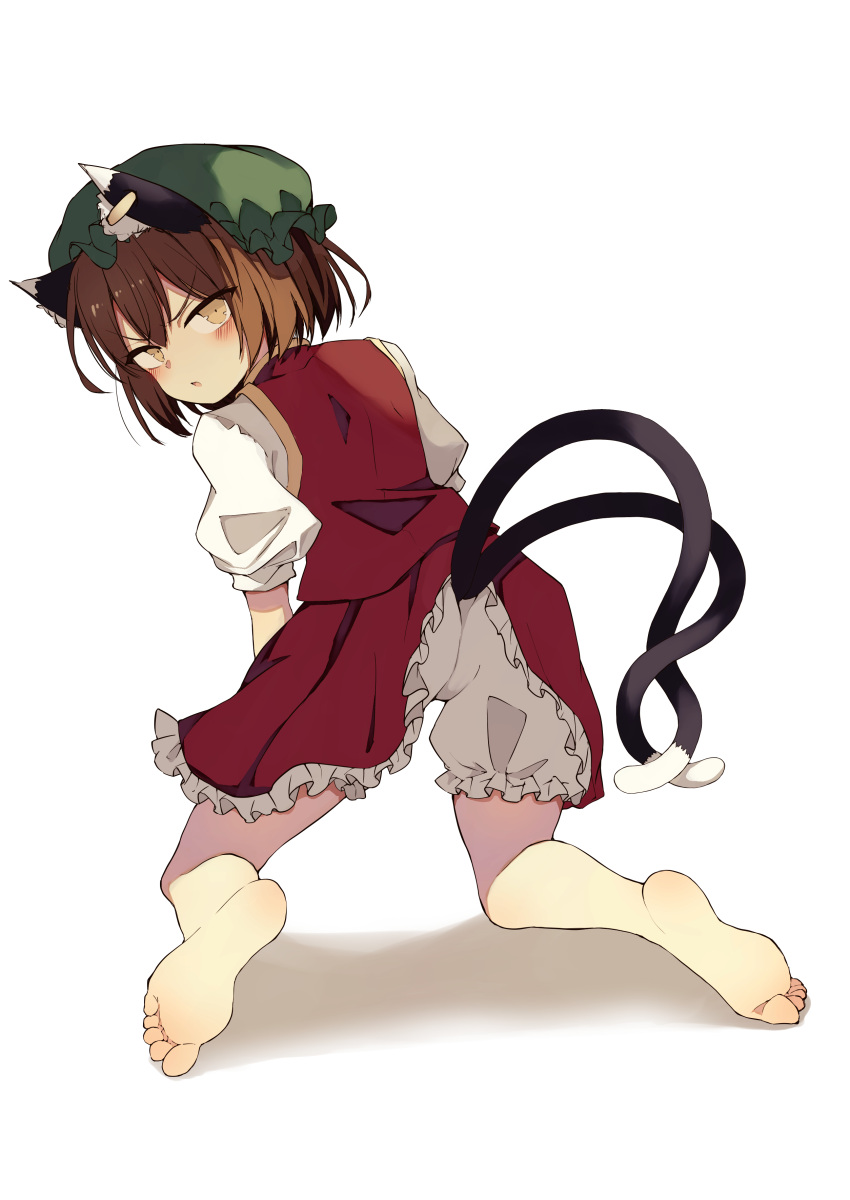 1girl :/ absurdres animal_ear_fluff animal_ear_piercing animal_ears ass barefoot bloomers brown_eyes brown_hair cat_ears cat_tail chen commentary_request dress earrings frills from_behind gold_trim hat highres jewelry kneeling leaning_forward looking_at_viewer looking_back mob_cap multiple_tails nekomata petticoat puffy_short_sleeves puffy_sleeves red_dress red_skirt red_vest seika_okawari shadow short_hair short_sleeves simple_background single_earring skirt skirt_set soles solo tail toes touhou two_tails v-shaped_eyebrows vest white_background