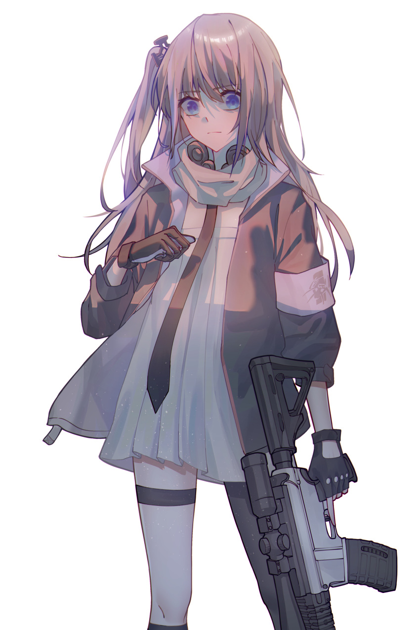 1girl absurdres ar-15 asymmetrical_gloves black_gloves black_jacket black_necktie black_thighhighs blue_eyes chinese_commentary closed_mouth commentary_request cowboy_shot dress eyebrows_hidden_by_hair fingerless_gloves girls_frontline gloves gun hand_up highres holding holding_gun holding_weapon jacket long_hair looking_at_viewer mismatched_gloves multicolored_hair necktie one_side_up open_clothes open_jacket pink_armband pink_hair purple_hair rifle scope simple_background single_thighhigh sky solo st_ar-15_(girls'_frontline) streaked_hair thigh-highs thigh_strap trigger_discipline weapon white_background white_dress wu_chengyi3999