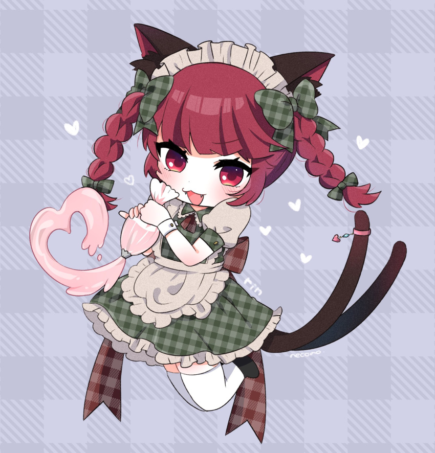 1girl :3 :d alternate_costume animal_ears apron back_bow blush bow braid cat_ears cat_tail character_name checkered_background checkered_clothes checkered_dress chibi cream dress fangs food frills green_bow heart highres jumping kaenbyou_rin maid multiple_tails necono_(nyu6poko) plaid plaid_dress puffy_short_sleeves puffy_sleeves red_eyes redhead short_sleeves signature simple_background smile solo squeezing tail tail_ornament tail_ring thigh-highs touhou twin_braids two_tails white_thighhighs