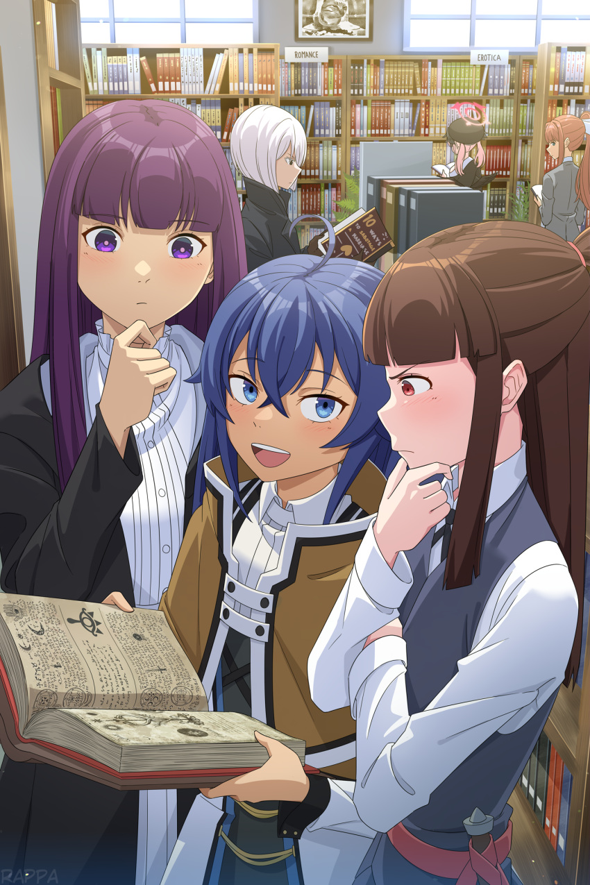 6+girls :d beret black_coat black_serafuku black_wings blue_archive blue_eyes blue_hair blunt_bangs book bookshelf bow brown_cape brown_hair cape coat commentary crossed_bangs crossover doki_doki_literature_club dress english_commentary feathered_wings fern_(sousou_no_frieren) fiona_frost green_eyes grey_jacket grimoire hair_between_eyes halo hand_on_own_chin hat head_wings highres holding holding_book indoors jacket kagari_atsuko koharu_(blue_archive) library little_witch_academia long_hair long_sleeves looking_at_another looking_back luna_nova_school_uniform monika_(doki_doki_literature_club) multiple_crossover multiple_girls mushoku_tensei open_book open_clothes open_coat pink_halo pink_skirt pleated_skirt ponytail purple_hair rappa reading red_eyes ribbon roxy_migurdia school_hat school_uniform serafuku shirt sidelocks skirt sleeve_cuffs smile sousou_no_frieren spy_x_family twintails v-shaped_eyebrows violet_eyes wand white_bow white_dress white_ribbon white_shirt winged_hat wings witch