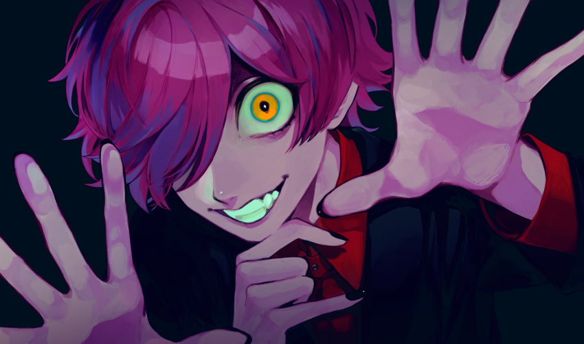 1boy black_background black_jacket black_nails blue_eyes collared_shirt commentary_request crazy_eyes extra_arms grin hair_over_one_eye hands_up highres jacket long_sleeves male_focus minai_mosa multicolored_eyes multicolored_hair original pink_hair purple_hair red_shirt shirt simple_background smile solo spread_fingers streaked_hair upper_body yellow_eyes