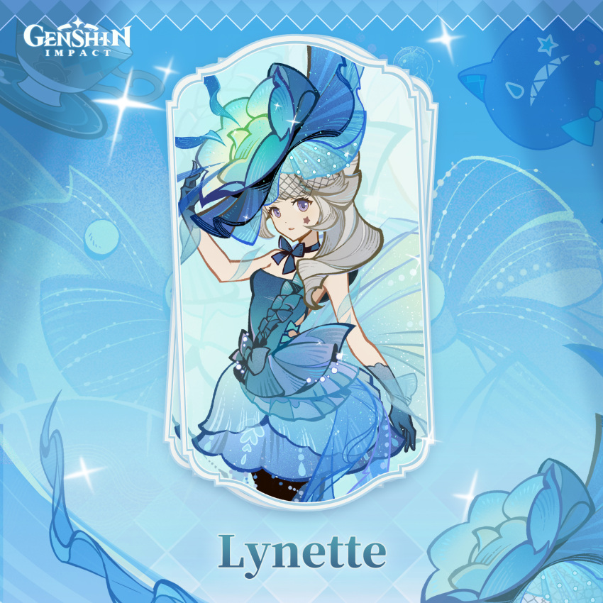 1girl bare_shoulders blue_background bow breasts choker cup facial_mark genshin_impact hat highres huge_bow long_hair looking_at_viewer lynette_(genshin_impact) official_alternate_costume official_art open_mouth parted_lips small_breasts star_(symbol) star_facial_mark star_tattoo tattoo teacup upper_body violet_eyes