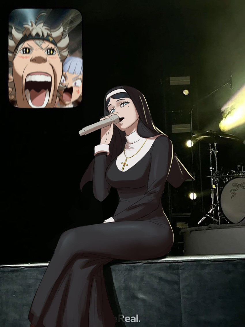 +_+ 1boy 2girls absurdres anger_vein asta_(black_clover) black_clover black_dress blue_eyes concert cross cross_necklace crossed_legs dress drum drum_set english_commentary fan_screaming_at_madison_beer_(meme) grey_hair habit highres holding holding_microphone inset instrument jewelry latin_cross lily_aquaria long_dress long_hair meme microphone mole mole_under_eye multiple_girls music necklace noelle_silva nun screaming short_hair singing stage_lights traditional_nun twintails violet_eyes zetman92