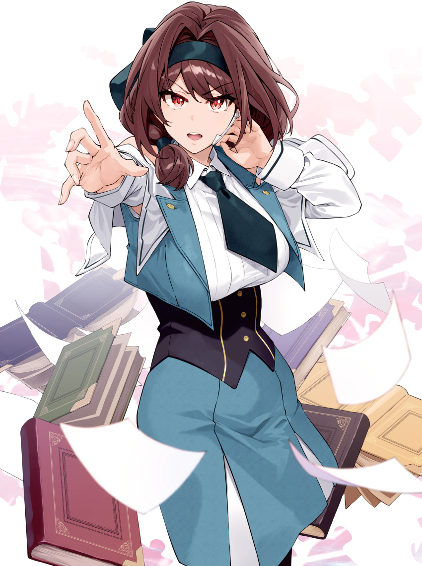 1girl absurdres anna_(s-rank_boukensha) bare_shoulders black_necktie blue_skirt blue_vest blurry blurry_foreground book breasts brown_eyes brown_hair collared_shirt commentary cowboy_shot detached_sleeves hairband headset highres large_breasts long_hair necktie open_mouth paper s-rank_boukensha_de_aru_ore_no_musume_tachi_wa_juudo_no_fathercon_deshita shirt shunichi skirt sleeveless sleeveless_shirt teeth upper_teeth_only vest white_background white_shirt