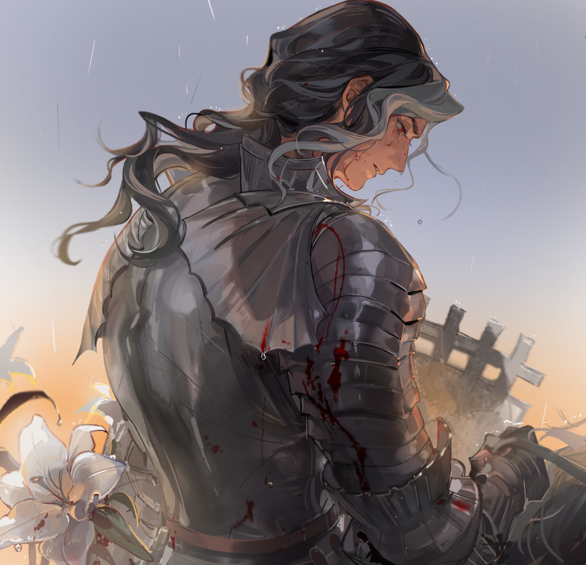 1boy armor black_hair blood blood_on_clothes blood_on_face breastplate brown_eyes flower gauntlets gradient_background grey_background highres holding holding_reins long_hair looking_down male_focus multicolored_hair noir_(ibaraki) outdoors parted_lips profile rain reins renault_(unicorn_overlord) solo streaked_hair unicorn_overlord upper_body white_flower white_hair