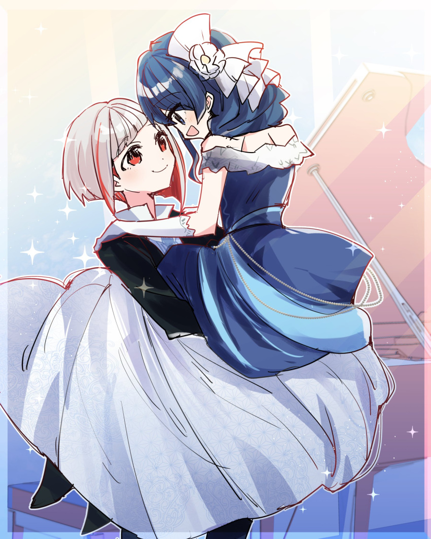 2girls :d blue_dress blue_eyes blue_hair bob_cut butler carrying carrying_person check_commentary closed_mouth colored_inner_hair commentary_request dark_blue_hair diagonal_bangs dress elbow_gloves eye_contact face-to-face female_butler flower gloves grey_hair hair_flower hair_ornament hair_over_shoulder highres inverted_bob kanduki_kamibukuro link!_like!_love_live! long_hair long_sleeves looking_at_another love_live! multicolored_hair multiple_girls murano_sayaka off-shoulder_dress off_shoulder official_alternate_costume open_mouth pant_suit pants princess red_eyes redhead short_hair smile streaked_hair suit white_dress white_flower white_gloves yugiri_tsuzuri yuri