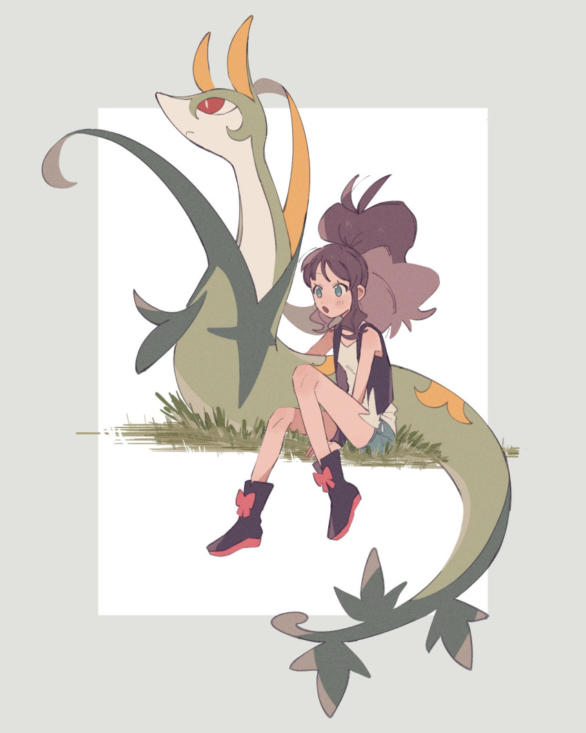 1girl :o bare_shoulders black_footwear black_vest blue_shorts brown_hair full_body grass high_ponytail highres hilda_(pokemon) hime_(himetya105) long_hair on_grass open_clothes open_mouth open_vest pokemon pokemon_(creature) pokemon_bw ponytail serperior shirt shoes short_shorts shorts sitting sleeveless sleeveless_shirt vest white_shirt
