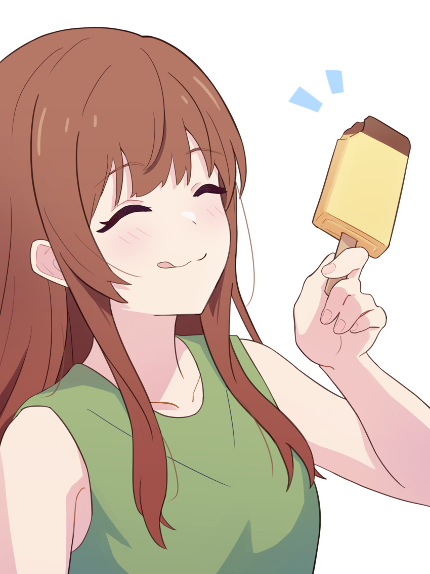 1girl bare_arms brown_hair closed_eyes closed_mouth commentary food green_shirt hand_up highres holding holding_food holding_popsicle licking_lips long_hair notice_lines novi_visual original popsicle shirt simple_background sleeveless sleeveless_shirt solo symbol-only_commentary tongue tongue_out upper_body white_background