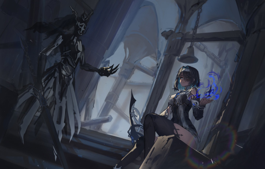 1girl 1other alisa:_echo_(punishing:_gray_raven) alisa_(punishing:_gray_raven) black_dress black_thighhighs blue_eyes blue_hair bow_(weapon) cecilie_(pgr) claws colored_inner_hair detached_sleeves dress hair_over_eyes hairband helm helmet highres holding holding_bow_(weapon) holding_weapon horns humanoid_robot ian46166491 long_sleeves medium_hair multicolored_hair official_alternate_costume punishing:_gray_raven robot thigh-highs weapon white_hairband