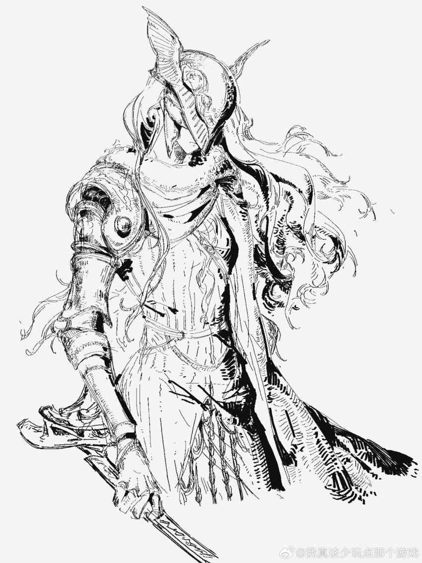 1girl absurdres cape chinese_commentary commentary_request covered_eyes cowboy_shot cropped_legs elden_ring expressionless facing_viewer fur-trimmed_cape fur_trim greyscale hatching_(texture) helmet helmet_over_eyes highres holding holding_sword holding_weapon lineart long_hair malenia_blade_of_miquella mechanical_arms monochrome prosthesis prosthetic_arm simple_background solo standing sword wavy_hair weapon weibo_logo weibo_watermark white_background winged_helmet wo_zhen_gai_shao_wan_dian_nage_youxi