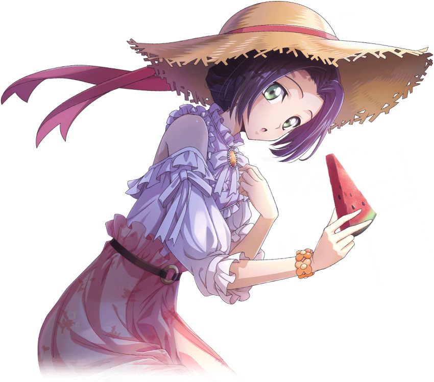 1girl artist_request bare_shoulders belt brooch clothing_cutout code_geass code_geass:_lost_stories cropped_legs dutch_angle earrings floral_print_skirt food frilled_shirt frills from_side fruit game_cg green_eyes hands_up hat hat_ribbon high-waist_skirt holding holding_food holding_fruit jewelry long_sleeves looking_at_viewer non-web_source o-ring o-ring_belt official_art open_mouth orange_gemstone pink_skirt purple_hair red_ribbon ribbon shirt shirt_tucked_in short_hair shoulder_cutout sidelocks simple_background sitting skirt solo straw_hat sumeragi_kaguya transparent_background watermelon watermelon_slice white_shirt wristband yellow_hat