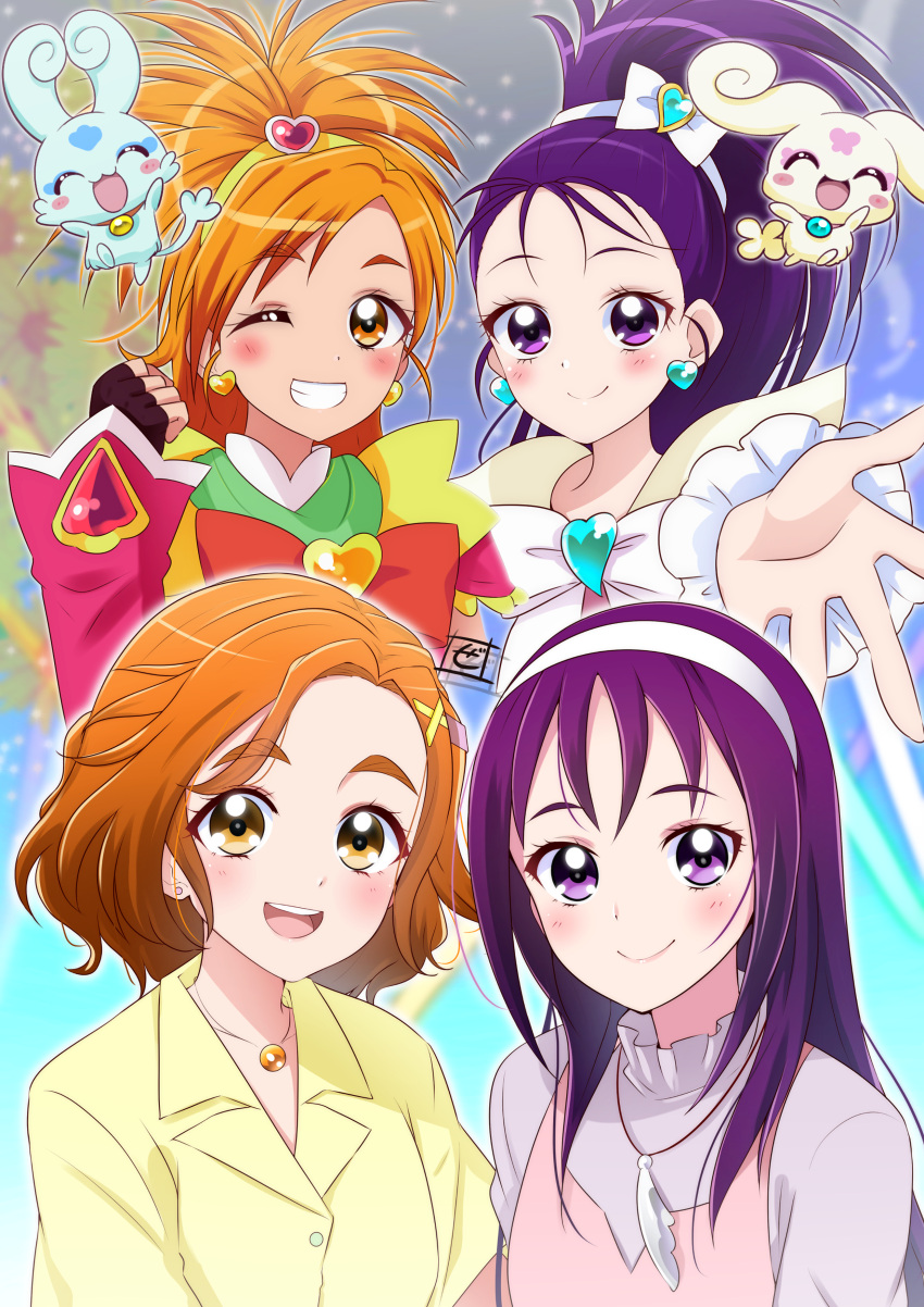 4girls absurdres artist_logo black_gloves bow bowtie brooch choppy clenched_hand closed_mouth collared_shirt commentary_request cure_bloom cure_egret detached_collar dress dual_persona earrings fingerless_gloves flappy_(futari_wa_precure) futari_wa_precure_splash_star gloves grey_shirt grin hair_ornament hair_pulled_back hairband heart heart_brooch heart_earrings heart_hair_ornament highres hyuuga_saki jewelry kibou_no_chikara_~otona_precure_'23~ long_hair looking_at_viewer magical_girl mishou_mai multiple_girls necklace one_eye_closed open_mouth orange_eyes orange_hair partial_commentary pinafore_dress pink_dress ponytail precure purple_hair reaching reaching_towards_viewer red_bow red_bowtie red_sleeves shirt short_hair short_sleeves side-by-side sleeveless sleeveless_dress smile stud_earrings tiara violet_eyes white_bow white_bowtie white_hairband wing_collar x_hair_ornament yellow_shirt zero-theme