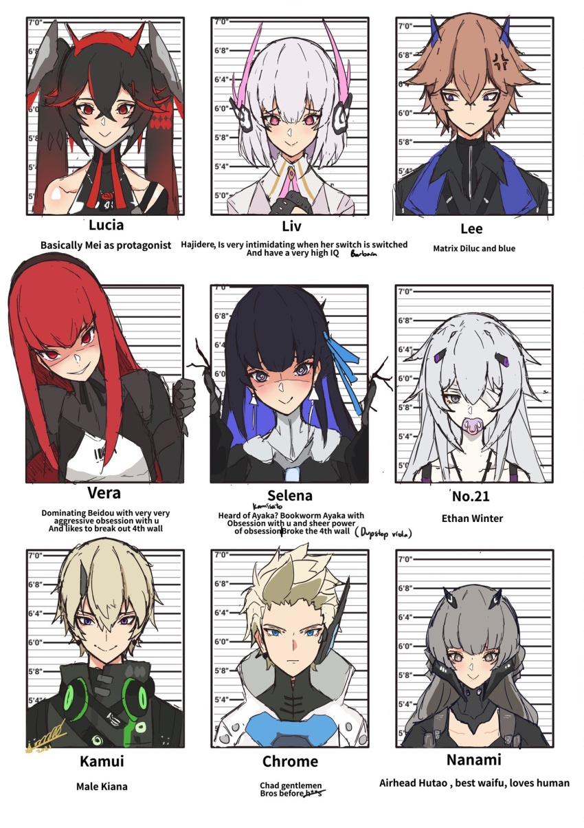 3boys 6+girls @_@ anger_vein bandage_over_one_eye barcode bare_shoulders black_bodysuit black_dress black_gloves black_hair black_hairband black_horns black_jacket blue_eyes blue_hair blue_horns blue_jacket blue_ribbon bodysuit brown_hair celinepizza character_name chrome_(punishing:_gray_raven) cleavage_cutout clothing_cutout colored_inner_hair crossed_bangs detached_collar dress earrings english_commentary english_text fake_horns fourth_wall gloves gold_trim gradient_hair grey_eyes grey_hair hair_between_eyes hair_ribbon hairband headgear headphones headphones_around_neck high_collar highres horns jacket jewelry kamui:_bastion_(punishing:_gray_raven) lee:_palefire_(punishing:_gray_raven) lee_(punishing:_gray_raven) light_brown_hair liv:_lux_(punishing:_gray_raven) liv_(punishing:_gray_raven) long_hair lucia:_dawn_(punishing:_gray_raven) lucia_(punishing:_gray_raven) medium_hair multicolored_hair multiple_boys multiple_girls nanami:_storm_(punishing:_gray_raven) nanami_(punishing:_gray_raven) no.21:_xxi_(punishing:_gray_raven) no.21_(punishing:_gray_raven) pacifier pale_skin pink_dress pink_eyes punishing:_gray_raven red_eyes red_horns redhead ribbon selena:_tempest_(punishing:_gray_raven) selena_(punishing:_gray_raven) sidelocks signature single_horn sleeveless small_horns streaked_hair suspenders triangle_earrings twintails two-sided_fabric two-sided_jacket two-tone_bodysuit unkempt vera:_rozen_(punishing:_gray_raven) vera_(punishing:_gray_raven) violet_eyes white_bodysuit white_jacket yandere