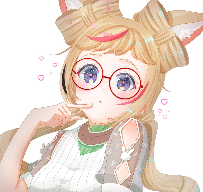 1girl absurdres animal_ear_fluff animal_ears bespectacled black_hair blonde_hair blouse blush bow-shaped_hair breasts commentary_request fox_ears fox_girl glasses green_nails hand_up heart heart-shaped_pupils highres hololive kai_otk long_hair looking_at_viewer medium_breasts multicolored_hair nail_polish official_alternate_costume omaru_polka omaru_polka_(street_casual) parted_lips pink_hair red-framed_eyewear round_eyewear see-through see-through_sleeves shirt short_sleeves sidelocks simple_background solo streaked_hair symbol-shaped_pupils twintails upper_body violet_eyes virtual_youtuber white_background white_shirt