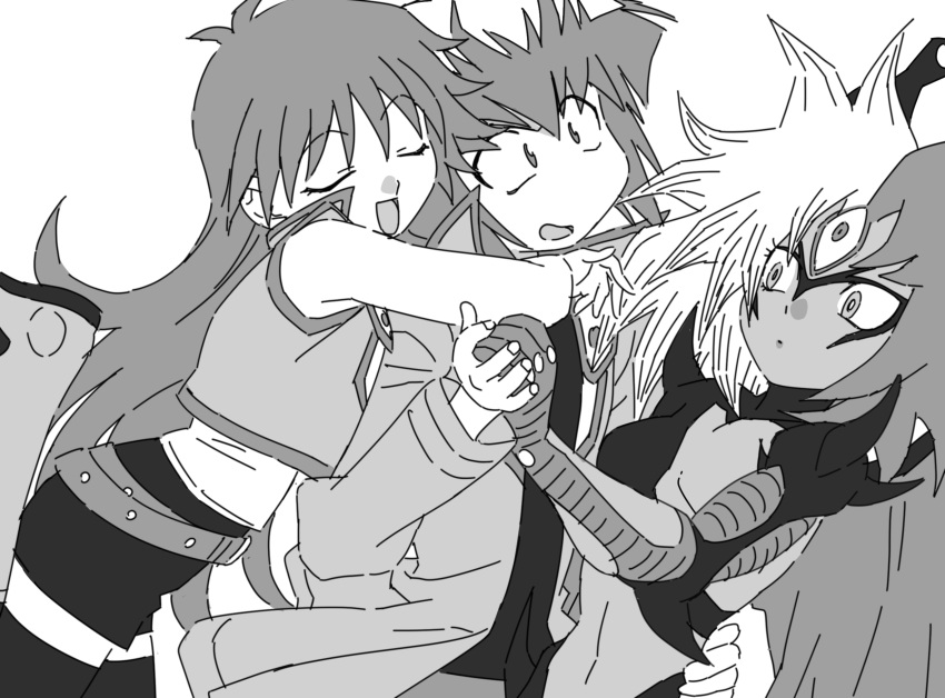 1boy 1girl 1other buib_(mekako_chan) closed_eyes commentary cropped_vest dancing duel_academy_uniform_(yu-gi-oh!_gx) greyscale highres hug hug_from_behind jacket long_hair mamotte_shugogetten! medium_hair monochrome monster_girl multicolored_hair no_nose open_clothes open_jacket parody saotome_rei simple_background spiky_hair surprised two-tone_hair vest yu-gi-oh! yu-gi-oh!_gx yubel yuki_judai
