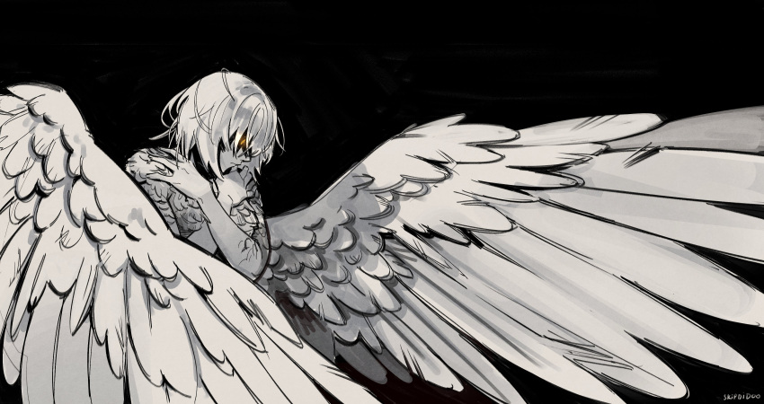 1girl absurdres black_background body_fur chimera dungeon_meshi falin_touden falin_touden_(chimera) feathered_wings feathers highres monster_girl self_hug short_hair simple_background skipdidoo solo tagme wings