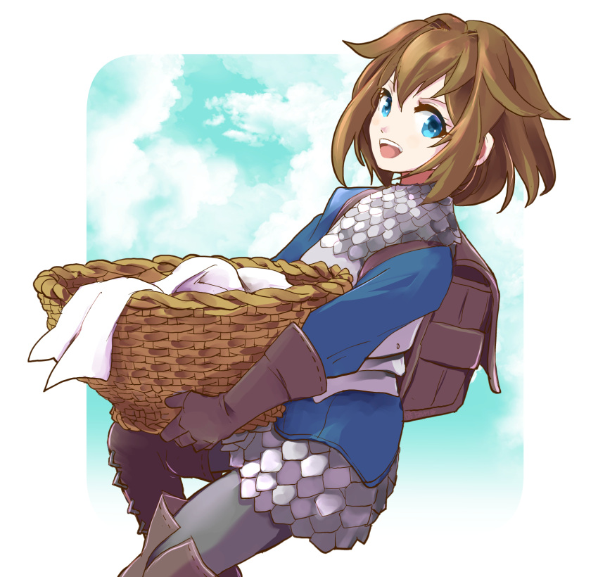 1girl :d armor basket blue_hair blue_sky border brown_bag brown_gloves brown_hair chloe_(unicorn_overlord) clouds commentary_request eyelashes gloves highres holding holding_basket looking_at_viewer medium_hair mizss outside_border scale_armor sky smile solo teeth unicorn_overlord upper_teeth_only white_border