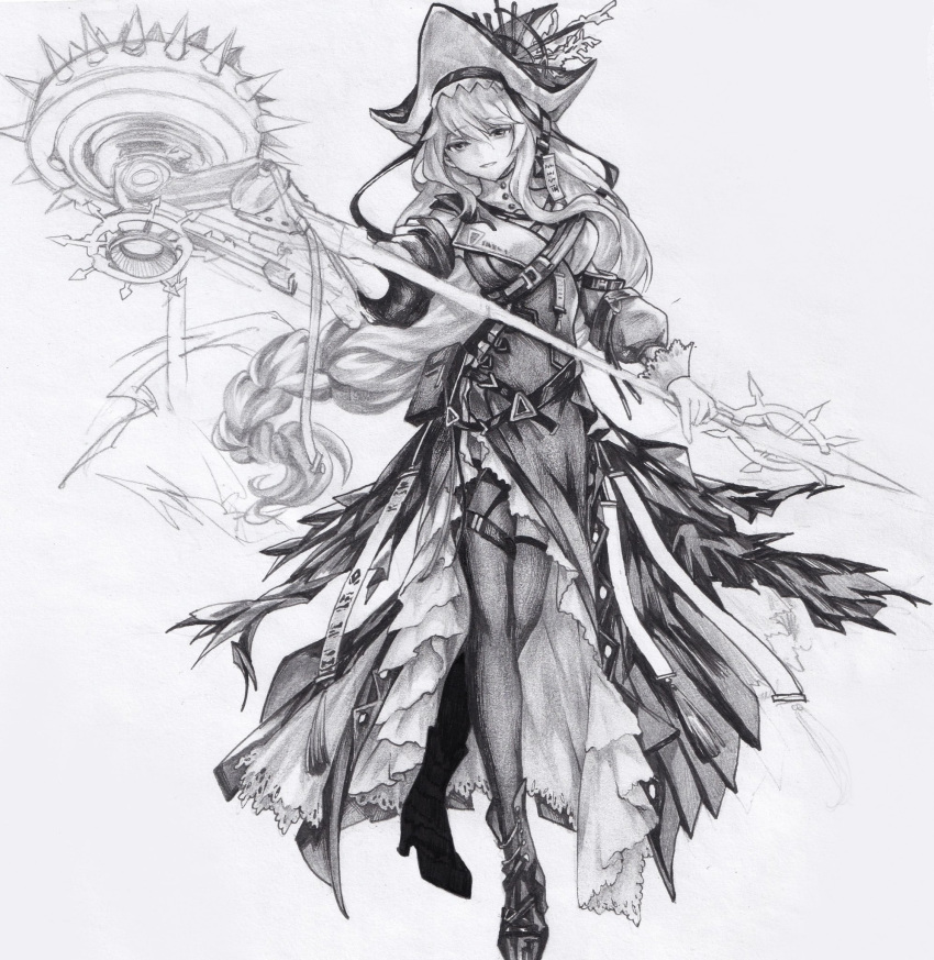 1girl arknights ashi_(dongshi389) boots circular_saw dress frilled_dress frills full_body greyscale hat highres holding holding_weapon long_hair long_sleeves looking_at_viewer low-braided_long_hair low-tied_long_hair monochrome parted_lips puffy_long_sleeves puffy_sleeves saw simple_background smile solo specter_(arknights) specter_the_unchained_(arknights) thigh_boots very_long_hair weapon