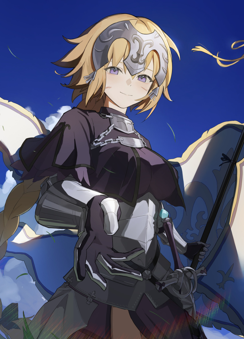 1girl absurdres armor armored_dress banner blonde_hair braid breasts chain cmi fate/grand_order fate_(series) faulds flag gauntlets headpiece highres jeanne_d'arc_(fate) jeanne_d'arc_(ruler)_(fate) large_breasts long_braid long_hair looking_at_viewer plackart single_braid smile solo standard_bearer very_long_hair violet_eyes