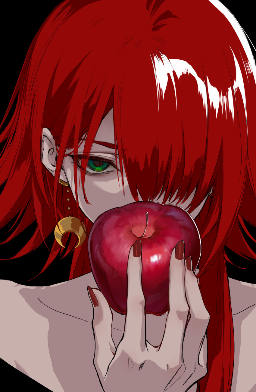1other absurdres apple black_background collarbone crescent crescent_earrings crimson_(ragna_crimson) earrings food fruit green_eyes hair_between_eyes hair_over_one_eye highres holding holding_food holding_fruit jewelry looking_at_viewer ragna_crimson red_apple red_nails redhead simple_background solo upper_body victima