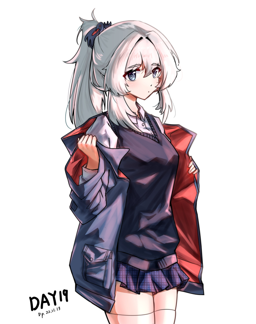 1girl absurdres alternate_costume arknights black_jacket black_skirt black_sweater_vest commentary_request dated gaoling_gangqin grey_eyes highres jacket long_hair looking_at_viewer mulberry_(arknights) multicolored_clothes multicolored_jacket open_clothes open_jacket pleated_skirt red_jacket shirt skirt solo sweater_vest thigh-highs two-tone_jacket very_long_hair white_hair white_shirt white_thighhighs zettai_ryouiki