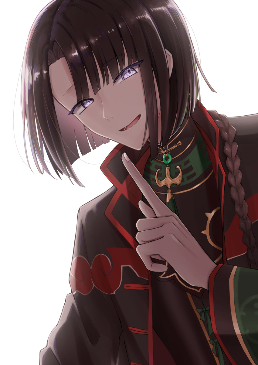 1boy absurdres black_coat black_hair braid braided_ponytail changpao chinese_clothes coat curtained_hair fate/grand_order fate_(series) gold_trim high_collar highres index_finger_raised jewelry long_hair long_sleeves looking_at_viewer male_focus open_mouth red_trim shirt simple_background smile solo tai_gong_wang_(fate) upper_body violet_eyes waonwaon2121 white_background