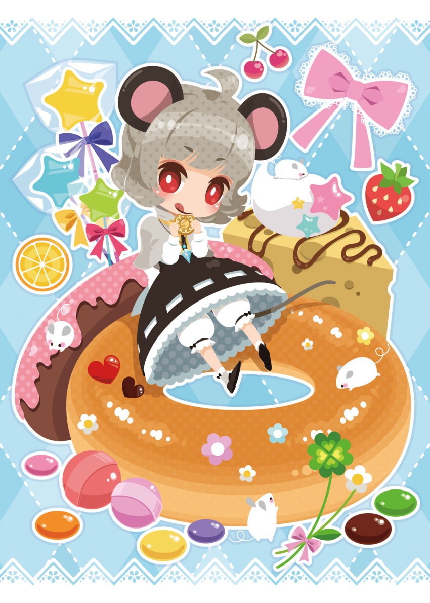 1girl ahoge animal animal_ears blush bow candy capelet commentary_request doughnut duplicate food fruit grey_hair heart highres long_sleeves mouse_(animal) mouse_ears mouse_tail nanarinca nazrin red_eyes short_hair sitting solo star_(symbol) strawberry tail tongue touhou