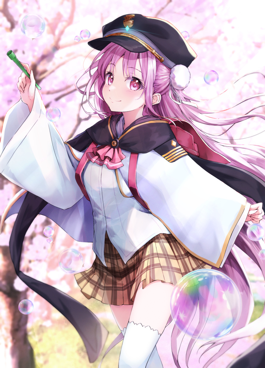 1girl black_cape black_hat blurry blurry_background brown_skirt bubble bubble_pipe cape closed_mouth commentary_request day depth_of_field flower hand_up hat heaven_burns_red highres holding jacket kunimi_tama long_hair long_sleeves na53 outdoors peaked_cap pink_flower plaid plaid_skirt pleated_skirt purple_hair skirt sleeves_past_wrists smile solo standing thigh-highs tree very_long_hair violet_eyes white_jacket white_thighhighs wide_sleeves