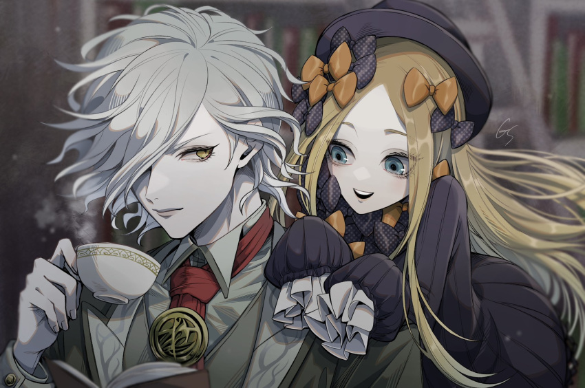 1boy 1girl abigail_williams_(fate) black_dress blonde_hair blue_eyes bow child closed_mouth commentary cup dress edmond_dantes_(fate) fate/grand_order fate_(series) fingernails forehead grey_hair gs999000 hair_bow hair_over_one_eye hat highres holding holding_cup lips long_hair looking_at_another necktie one_eye_covered open_mouth orange_bow pale_skin pink_lips red_necktie short_hair sleeves_past_fingers sleeves_past_wrists smile symbol-only_commentary teacup teeth upper_teeth_only yellow_eyes