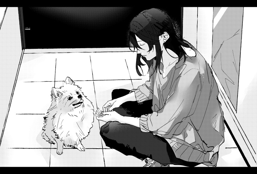 1girl absurdres chihuahua closed_eyes commentary_request dog greyscale highres indoors letterboxed long_hair long_sleeves monochrome original pants parted_lips shisa_co solo squatting sweater tile_floor tiles