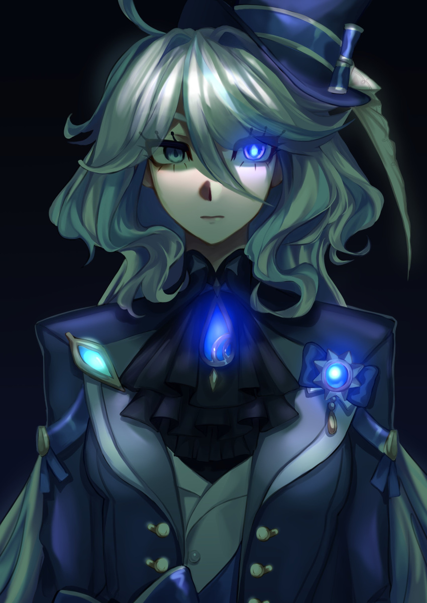 1girl absurdres ahoge ascot black_ascot black_background blue_hair blue_hat blue_jacket brooch commentary furina_(genshin_impact) genshin_impact glowing glowing_eye hair_between_eyes hair_intakes hat highres jacket jewelry long_hair long_sleeves looking_at_viewer multicolored_hair open_clothes open_jacket shirt simple_background solo streaked_hair top_hat tractorbelarus228 upper_body very_long_hair white_hair white_shirt