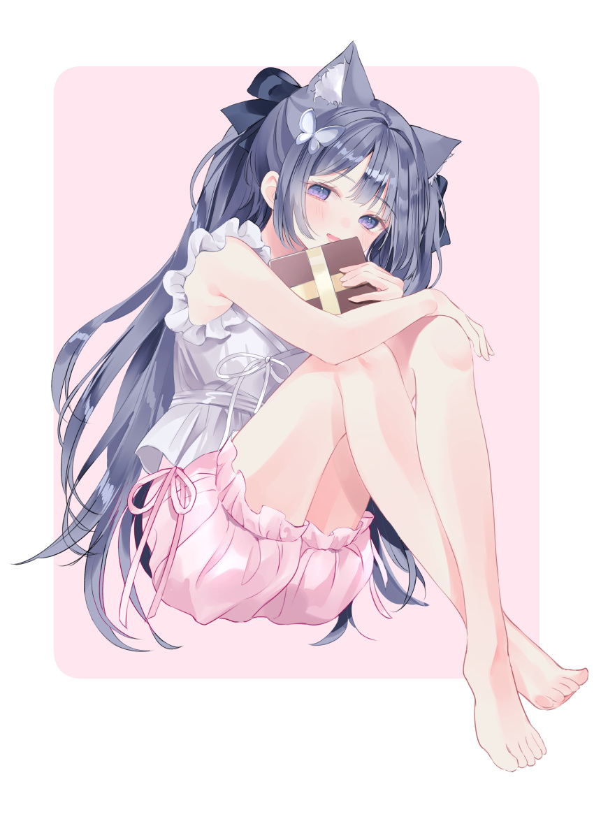1girl absurdres animal_ear_fluff animal_ears bare_legs barefoot black_bow black_hair blue_eyes blush bow box bug butterfly butterfly_hair_ornament cat_ears cat_girl commission english_commentary hair_bow hair_ornament hand_on_own_knee hands_up happy highres holding holding_box long_hair looking_at_viewer nabi_(uz02) original pink_background pink_shorts pixiv_commission ponytail shirt shorts sidelocks sitting sleeveless sleeveless_shirt solo twintails two-tone_background white_background white_shirt