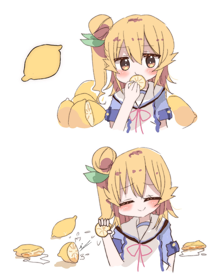 1girl blonde_hair blush character_request closed_eyes closed_mouth commentary_request copyright_request cropped_torso eating food fruit fuio highres lemon lemon_slice long_hair neck_ribbon one_side_up red_ribbon ribbon side_ponytail simple_background smile upper_body white_background yellow_eyes