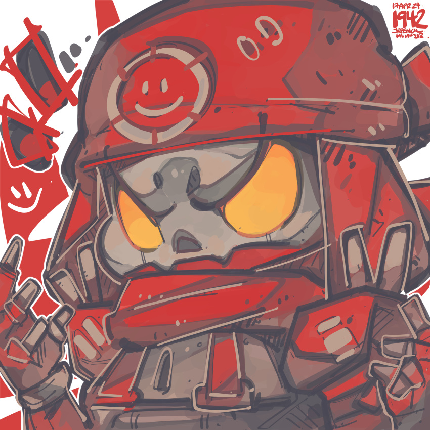 1boy absurdres apex_legends artist_name bandana classic_revenant dated highres humanoid_robot jrpencil open_hands orange_eyes red_bandana red_scarf revenant_(apex_legends) robot scarf simulacrum_(titanfall) solid_eyes solo v-shaped_eyebrows