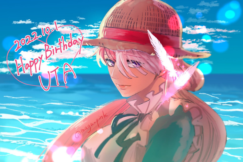 1girl character_name commentary_request dated dress feathers frilled_dress frills happy_birthday hat looking_at_viewer magu_pink multicolored_hair neck_ribbon ocean one_piece purple_hair redhead ribbon sky straw_hat twintails two-tone_hair upper_body uta_(one_piece) white_hair